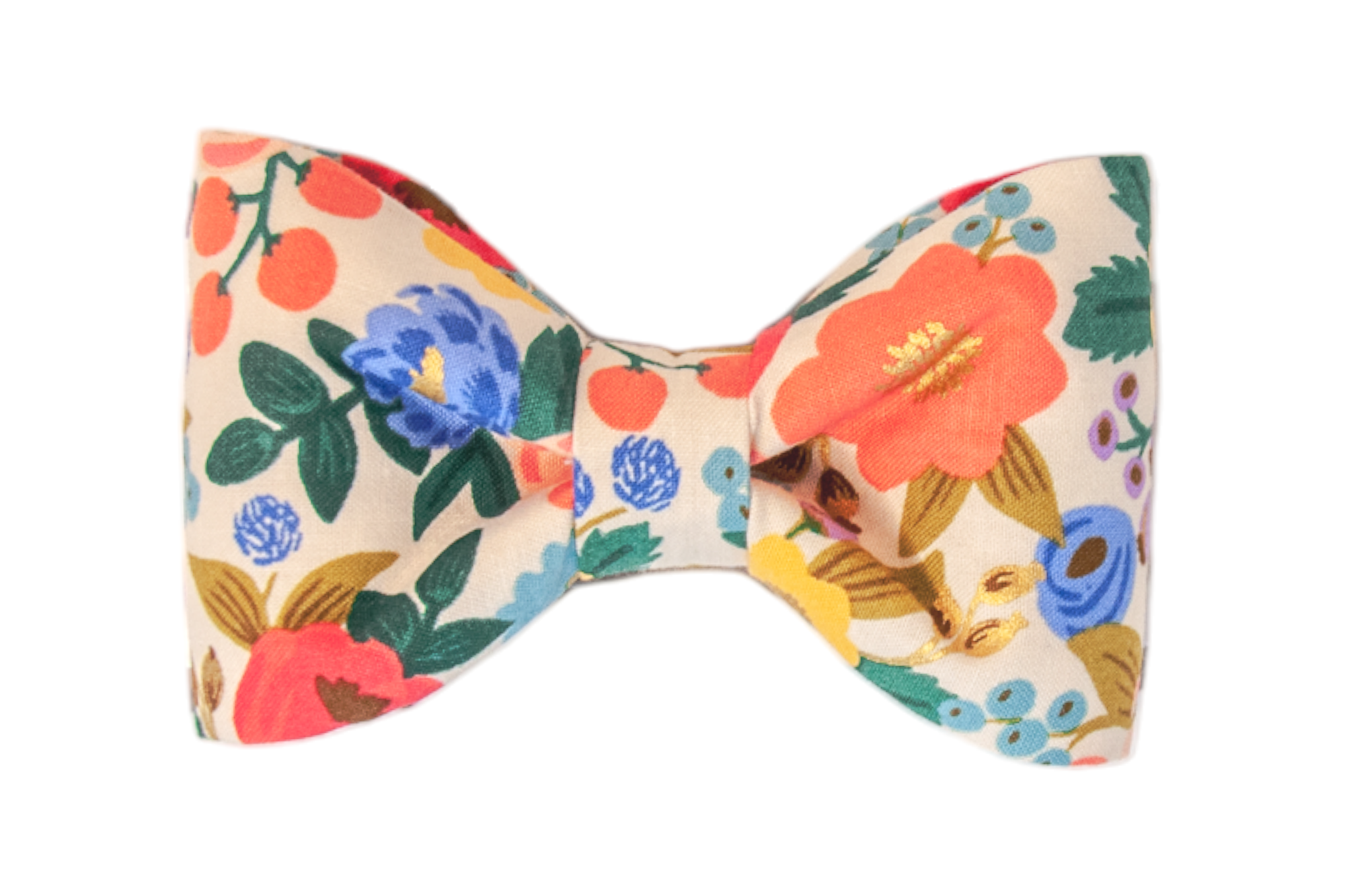 Colorful dog bow tie on a cream background decorated with an array of stylized flowers and leafy sprigs. The symmetrical design has a crisp, structured shape, with metallic detailing on select blooms for added elegance.