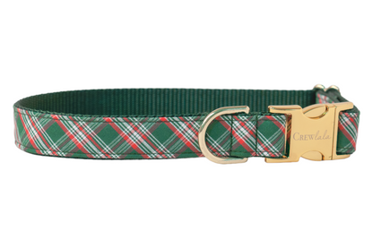 Holiday-ready dog collar in green plaid with red and white accents, finished with luxe gold-tone hardware. Includes an engraved side-release buckle and sturdy D-ring, combining fashion and function in one festive accessory.