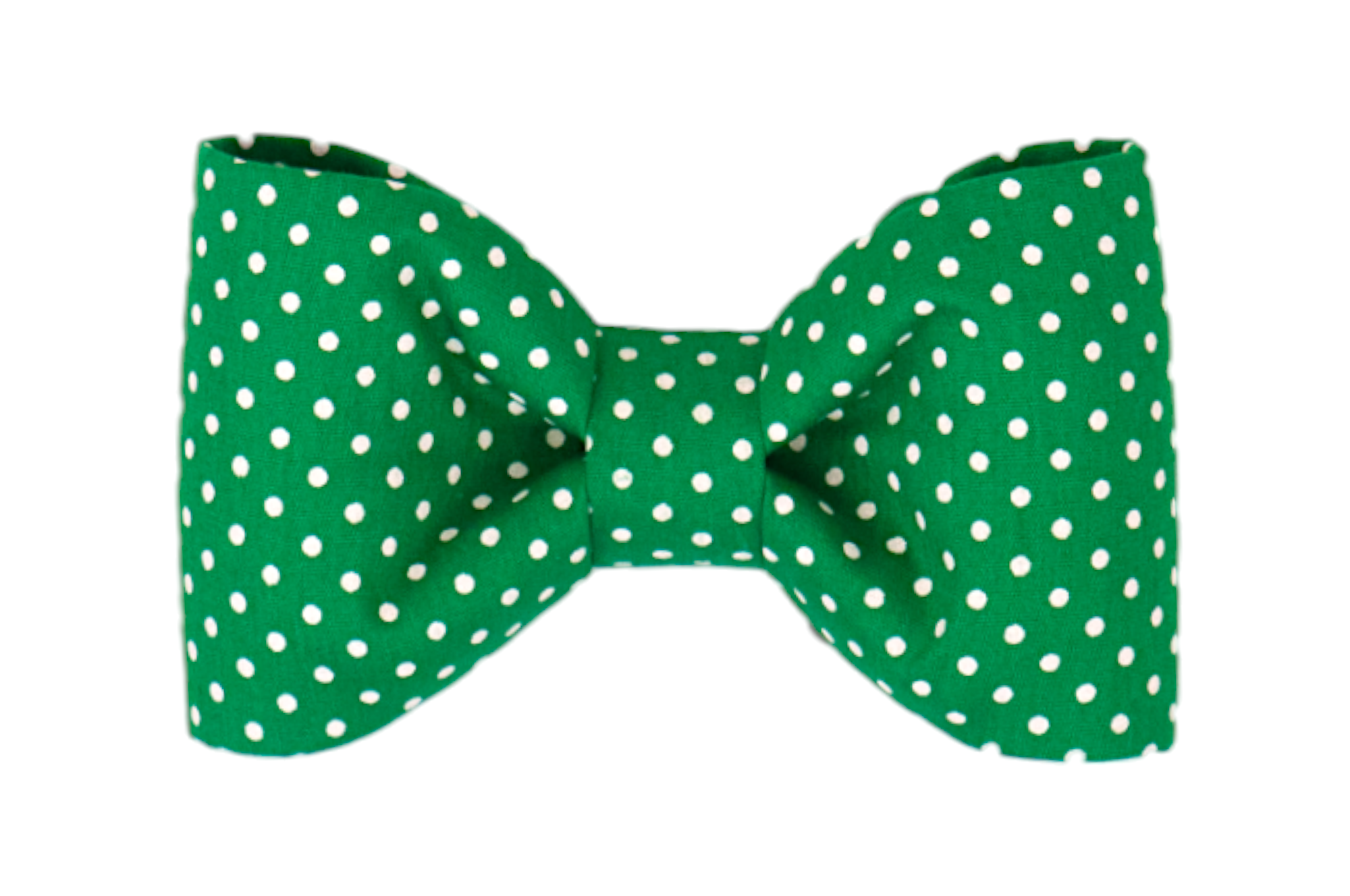 A green bow tie with evenly spaced white polka dots, neatly shaped with symmetrical loops and a tightly cinched center. The design has a playful yet classic look, ideal for your dogs next festive occasion. 