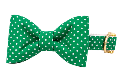 Classic dog collar featuring a Fairway Green Dots fabric bow tie, a kelly green fabric with small white pin dots, attached to a matching Fairway Green Dots collar with a nylon inner lining and gleaming gold hardware, including a D-ring and buckle.