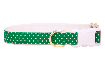 A playful green dog collar with small white polka dots, paired with a bright white plastic buckle and a polished gold D-ring. The collar is slim, structured, and designed with durable stitching along the edges for added strength and style.