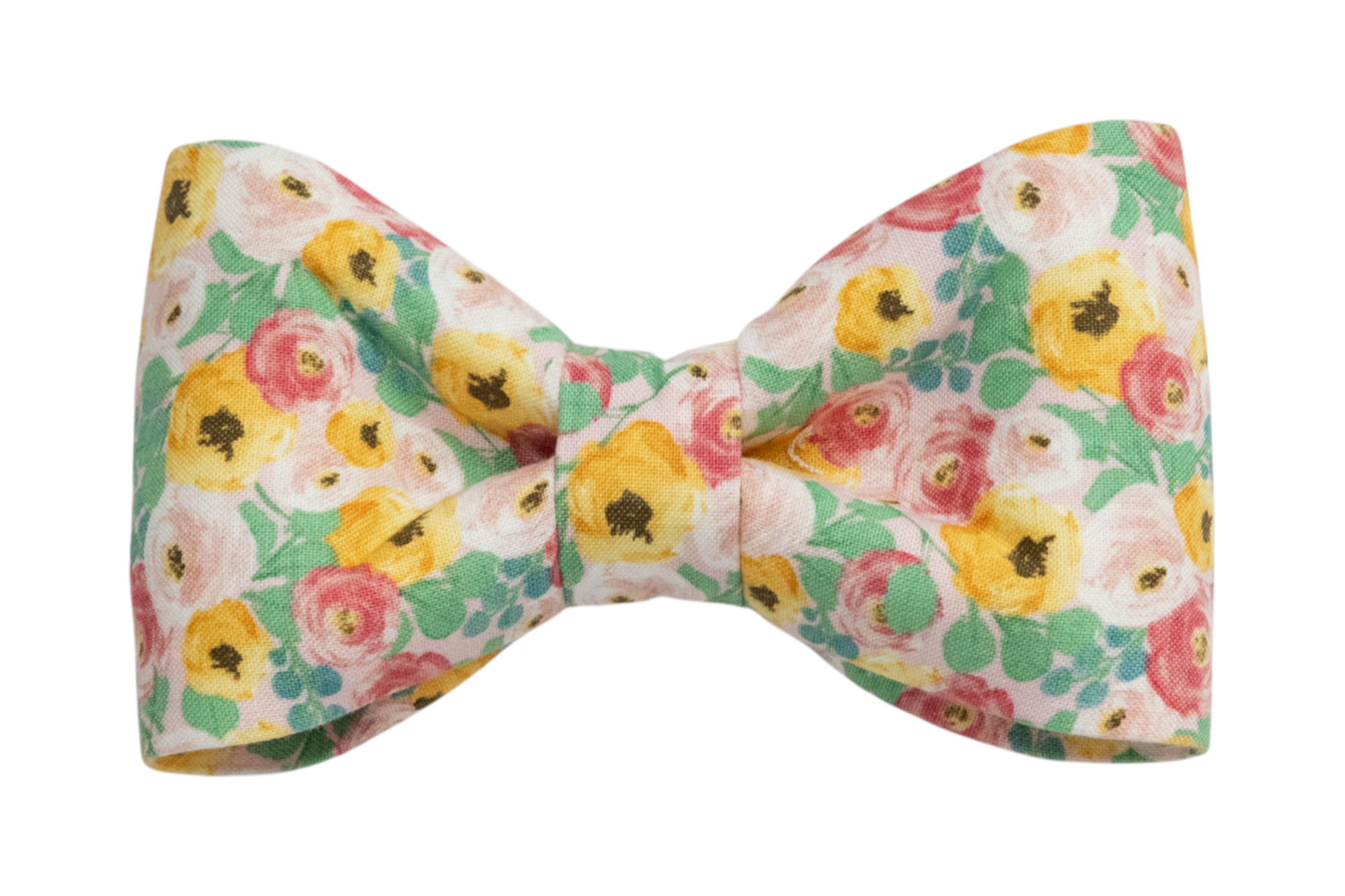 Classic dog bow tie in a pastel floral print. The bow tie has a symmetrical shape with softly curved sides and a cinched center knot.