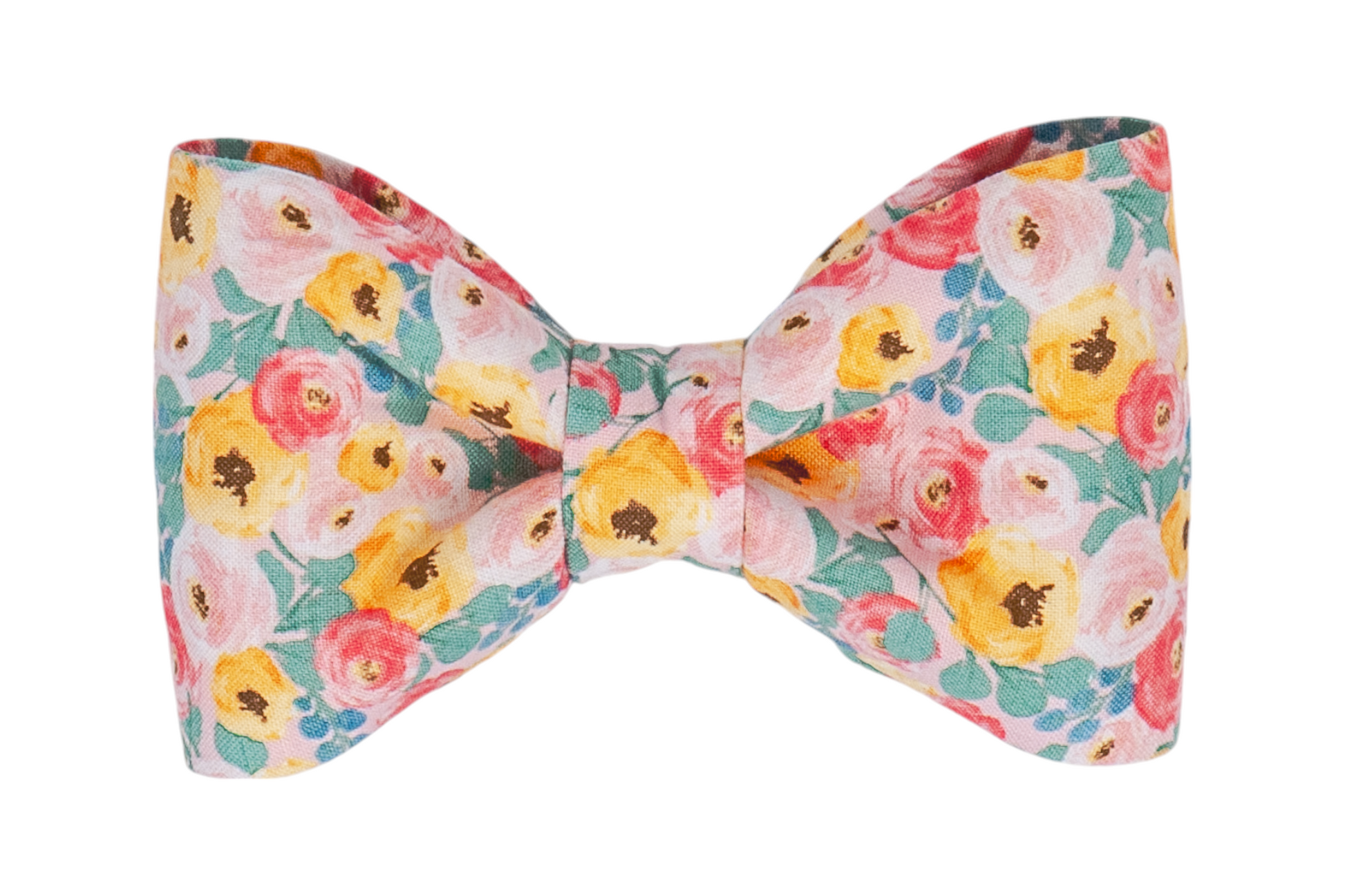 Handcrafted bow tie for dogs, showcasing a lush floral print with pastel roses and greenery, ideal for special occasions or everyday.