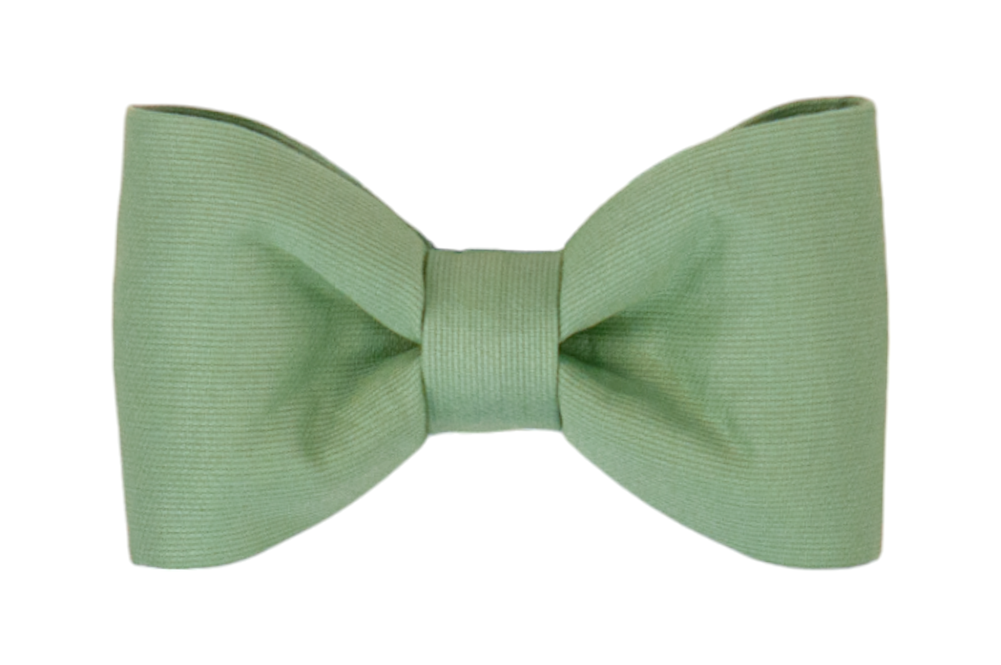 A sage green fabric dog bow tie with a smooth texture and symmetrical, classic shape. The bow is tightly cinched at the center and slightly curved at the ends, giving it a polished, structured appearance.
