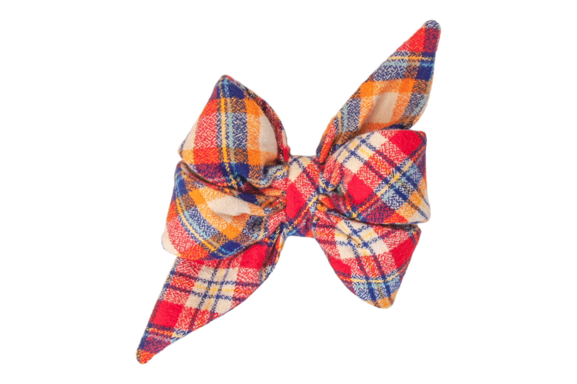 Oversized, feminine dog belle bow made of warm flannel fabric with a vibrant multicolor plaid design. The belle bow has structured folds and dramatic pointed ends, ideal as a seasonal or statement accessory.