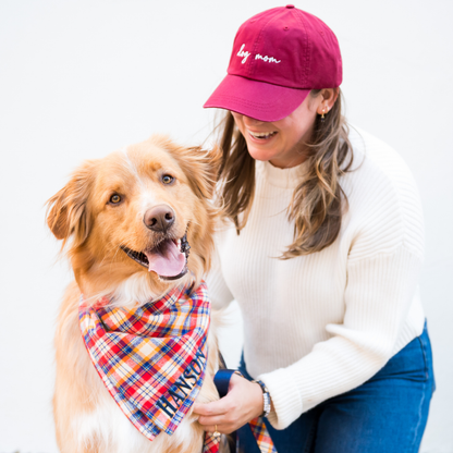 Happy retriever mix wearing a brightly colored plaid flannel dog bandana with the name “HANSON” embroidered on the front. A woman dressed in a sweater and a “dog mom” hat kneels beside him, smiling. They are pictured in front of a light wall and iron gate, suggesting a cozy, candid fall outing.