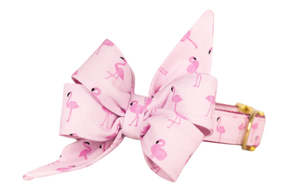 A light pink dog collar with a large belle bow, featuring a vibrant flamingo print in various poses. The collar is secured with a polished gold-toned buckle.