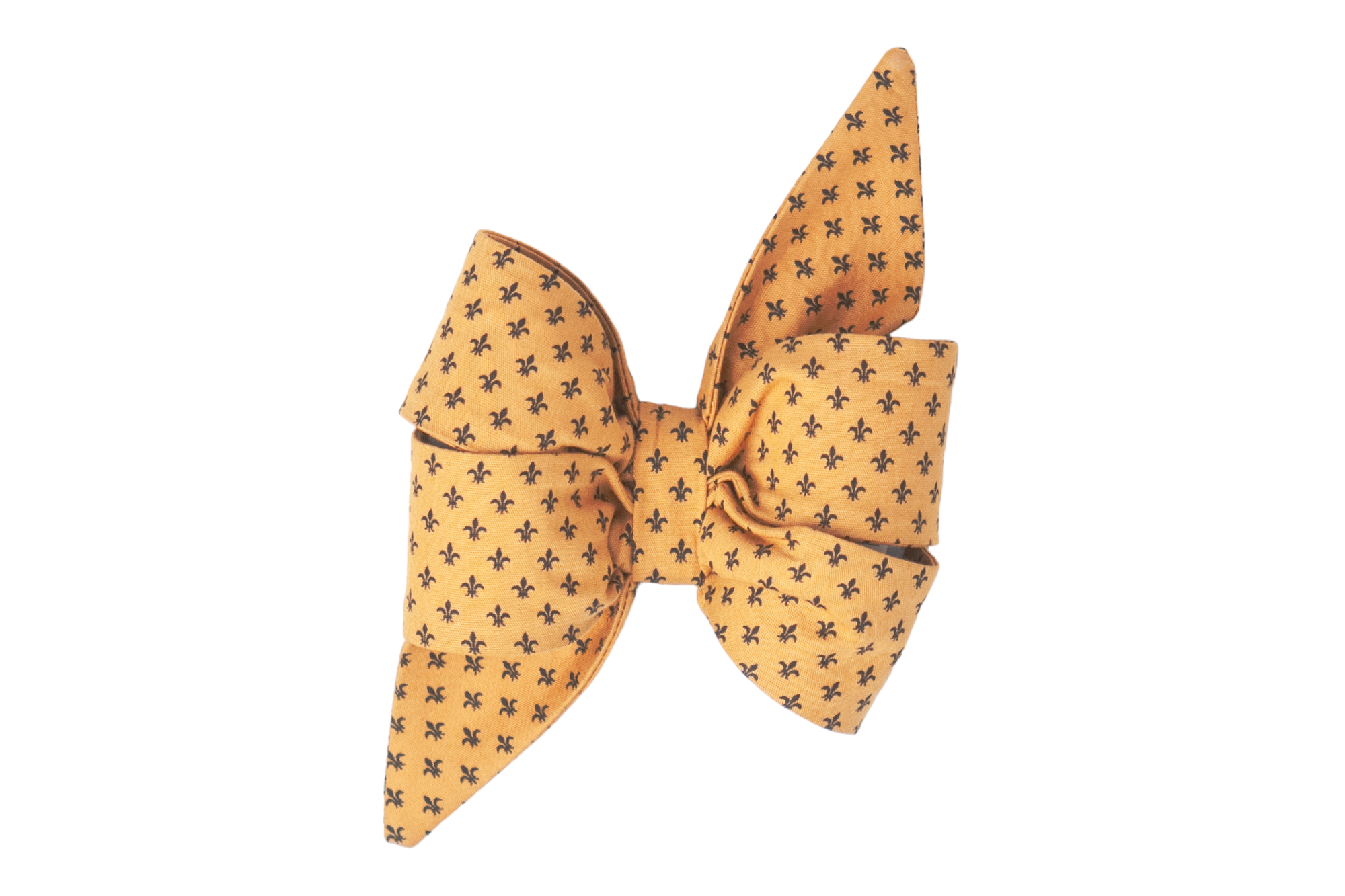 Handcrafted bow tie for girl dogs, featuring a warm yellow-golden fabric with intricate fleur-de-lis details, ideal for special occasions or everyday wear.