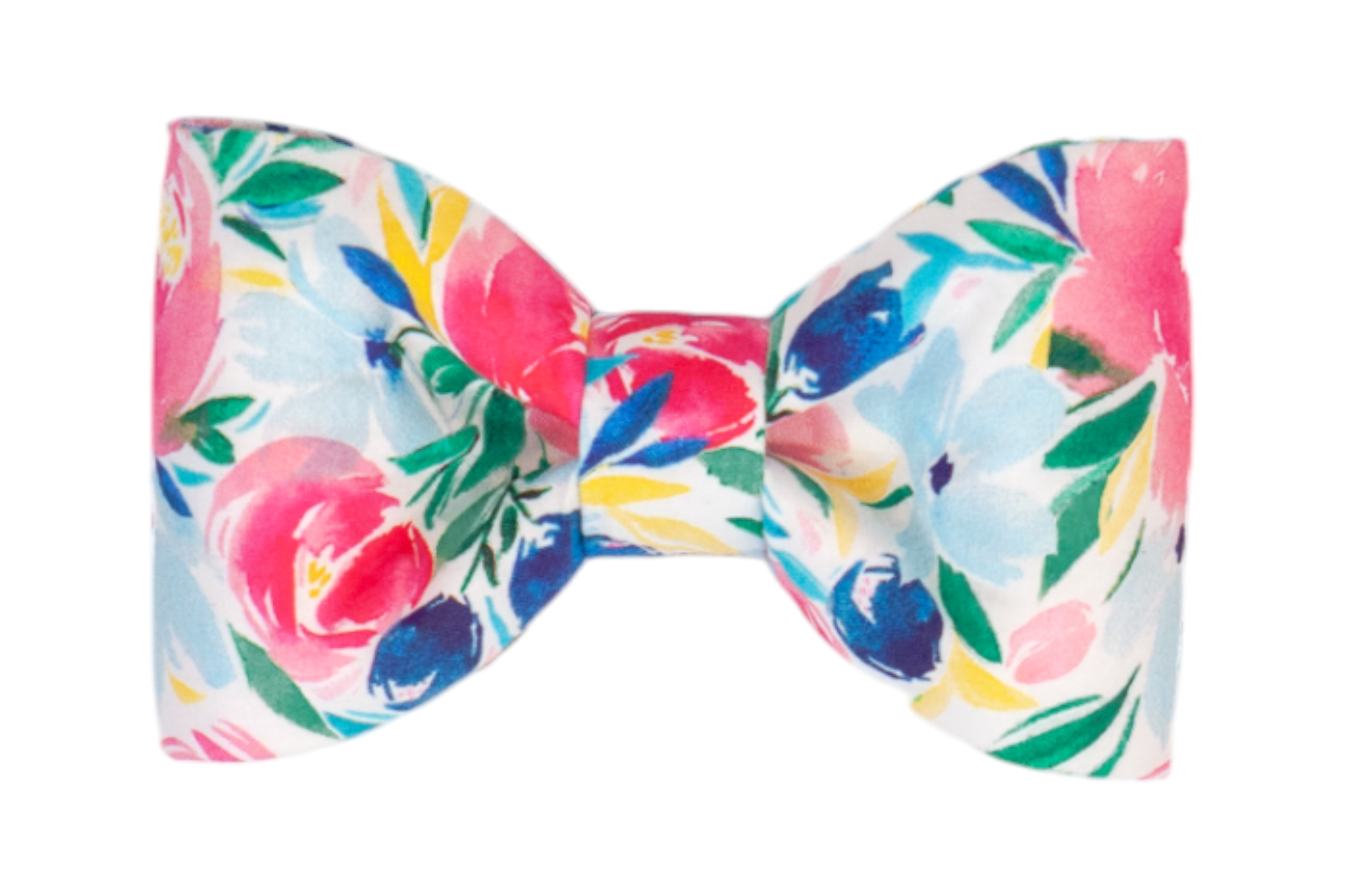 Colorful bow tie for dogs with a watercolor-style floral design in vibrant shades of pink, blue, and yellow, accented by leafy green details. The bow tie is neatly tied and softly structured, creating a cheerful and stylish accessory.