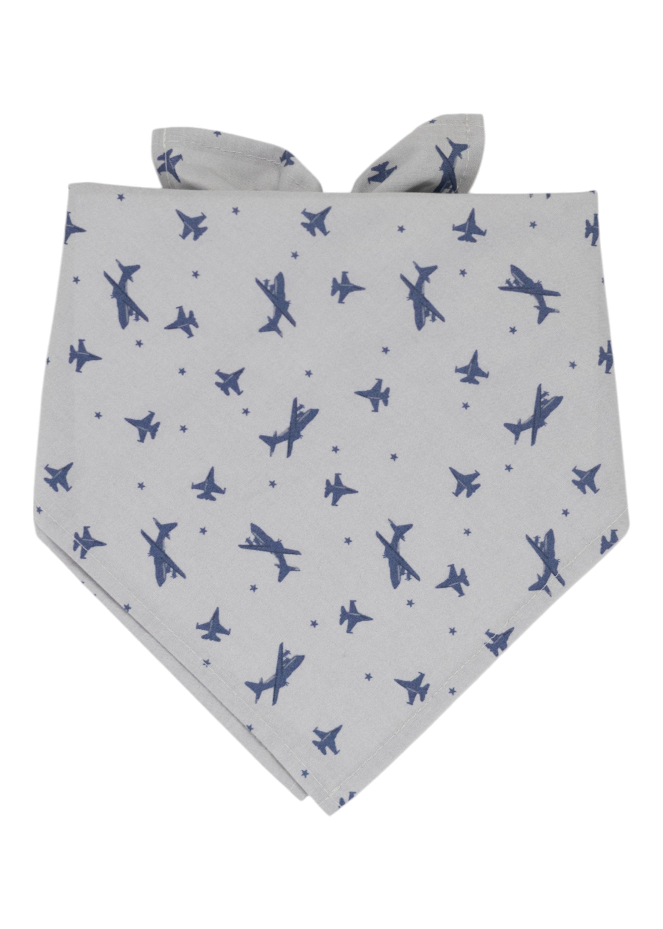 Aviation-themed gray pet bandana  featuring various navy blue fighter jet silhouettes and tiny star accents. Folded in a triangular shape.