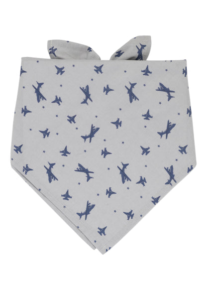 Aviation-themed gray pet bandana  featuring various navy blue fighter jet silhouettes and tiny star accents. Folded in a triangular shape.