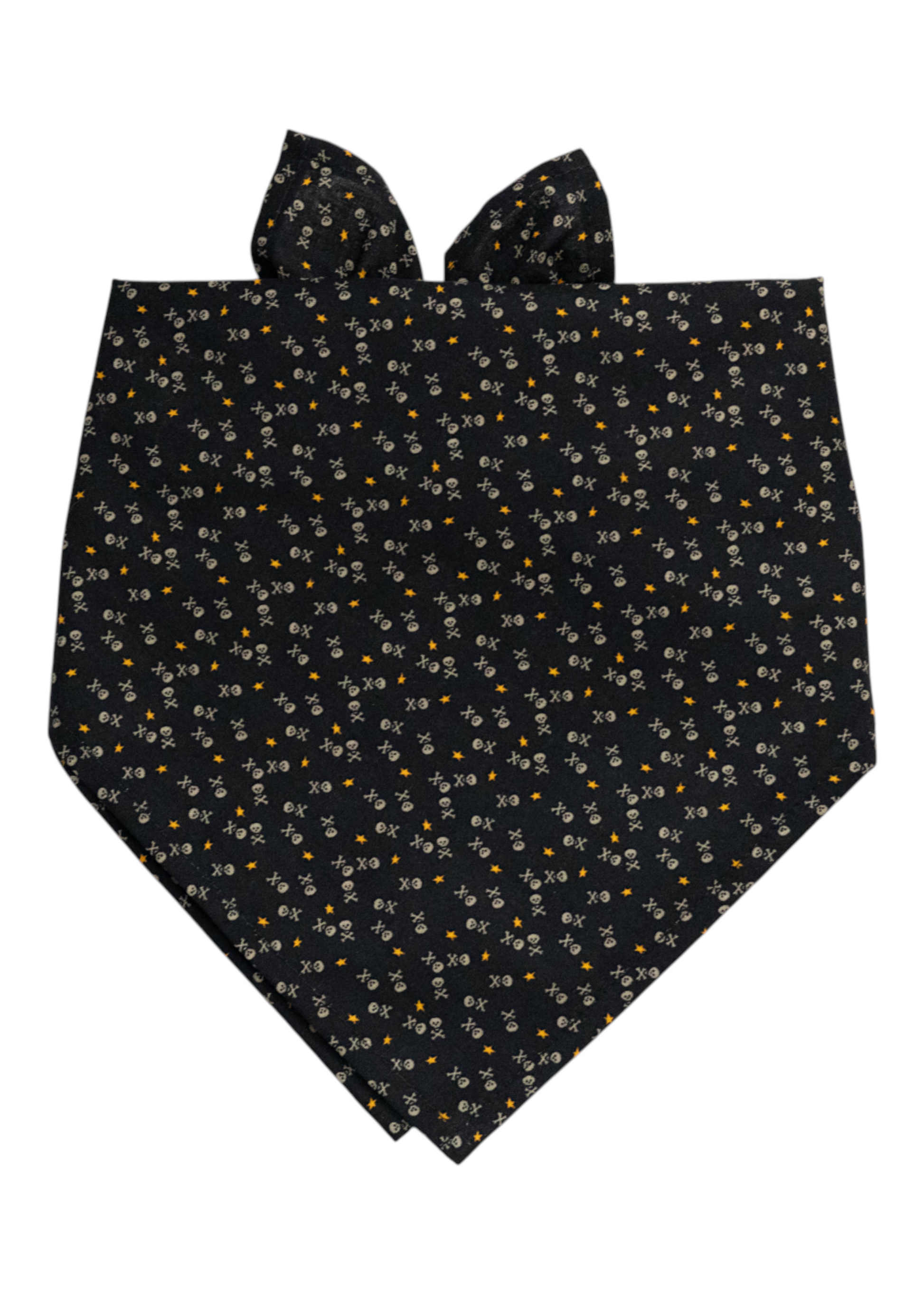 Pirate-themed black fabric bandana for dogs, decorated with miniature skulls, crossbones, and stars, folded in a pointed triangle shape with tie ends at the top.