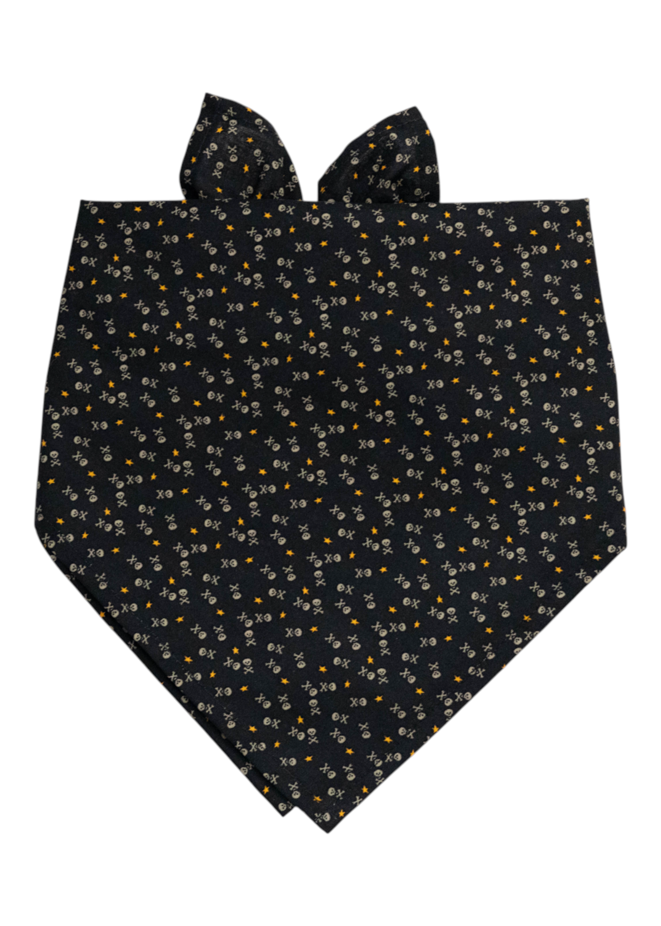 Pirate-themed black fabric bandana for dogs, decorated with miniature skulls, crossbones, and stars, folded in a pointed triangle shape with tie ends at the top.