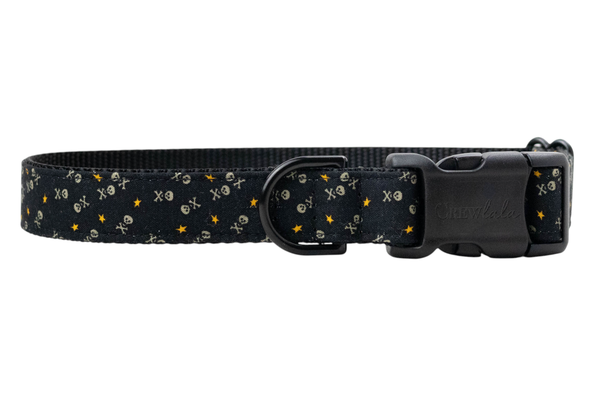 Black adjustable dog collar with a repeating pattern of skull-and-crossbones, “X” marks, and small stars, featuring sturdy black webbing, a matte black side-release buckle engraved with “Crewlala,” and a matching D-ring.