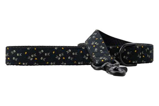 Black dog leash with a repeating pattern of small skull-and-crossbones, “X” marks, and stars, reinforced with black woven backing and featuring matte black metal hardware including a swivel clasp and D-ring.