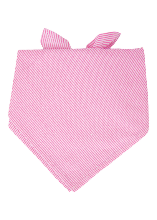 Cheerful seersucker dog bandana with diagonal white and fuchsia lines, tied at the top like a jaunty kerchief—perfect for pups ready to strut their sweet side.
