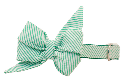 An oversized dog belle bow crafted from green and white seersucker fabric with signature puckered texture. The bow is neatly tied with pointed ends and sits on a matching dog collar, complete with reinforced stitching and a silver buckle.