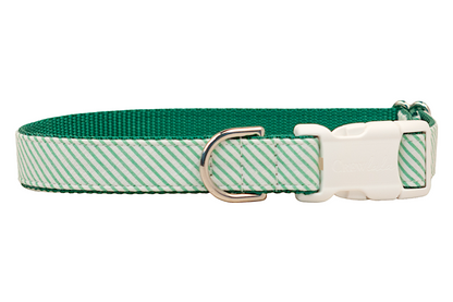 Dog collar with a white and green diagonal striped seersucker fabric overlay, featuring a textured green nylon base. The collar includes a sturdy white plastic side-release buckle, a metal D-ring for leash attachment, and reinforced stitching along the edges.