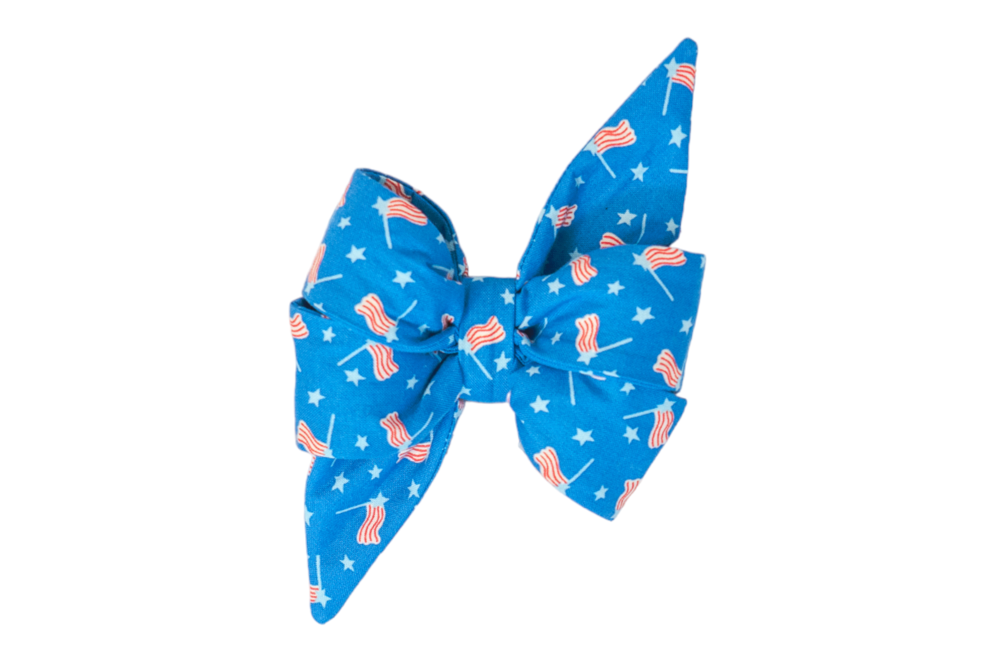 Feminine dog belle bow with a vibrant blue background decorated in miniature American flags and white stars. The fabric is gathered into a plush, layered bow with flared ends, styled for a playful Independence Day outfit.