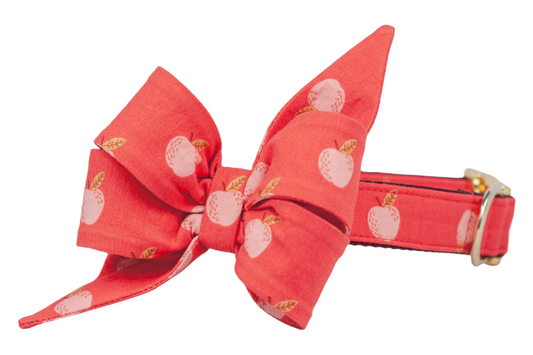 Playful dog collar with a large, matching, feminine belle bow and scattered apple pattern, finished with polished metal accents. Handmade in Charleston, SC. 