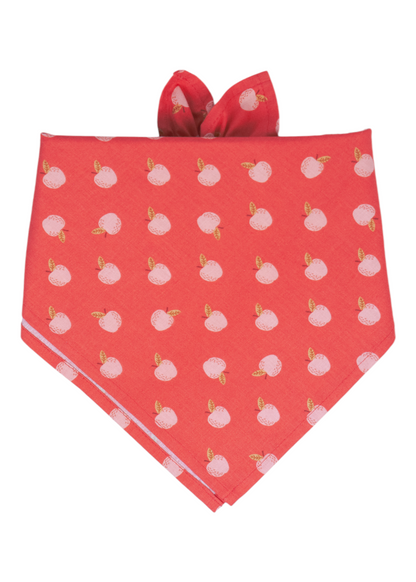 Soft fabric dog bandana with whimsical apples. Folded in a classic triangle and knots on top making it easy to slip over your pups head. Handmade in Charleston, SC.