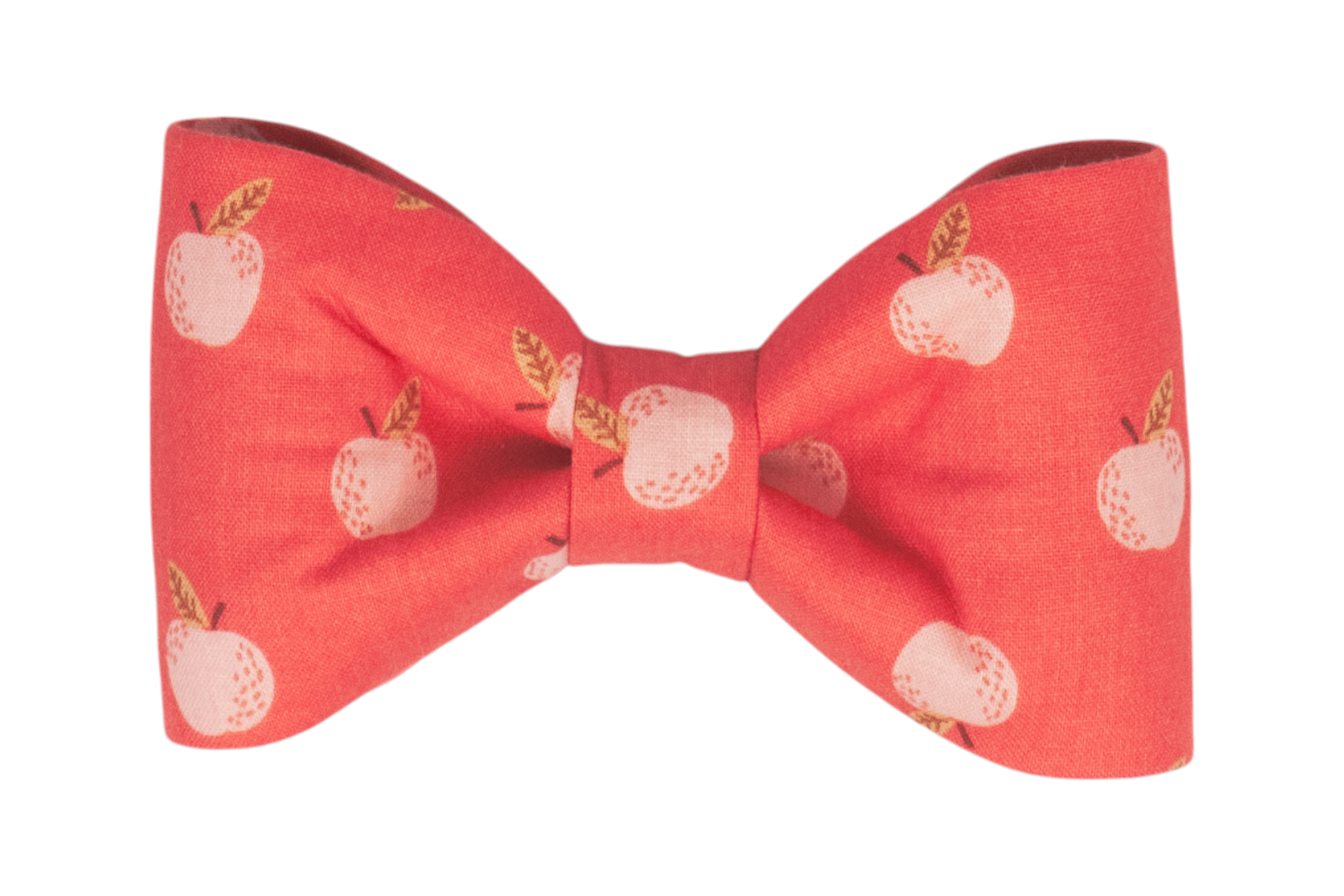 Beautifully crafted apple-themed dog bow tie on a deep coral background. Perfect for fall festivities, orchard outings, and everyday.