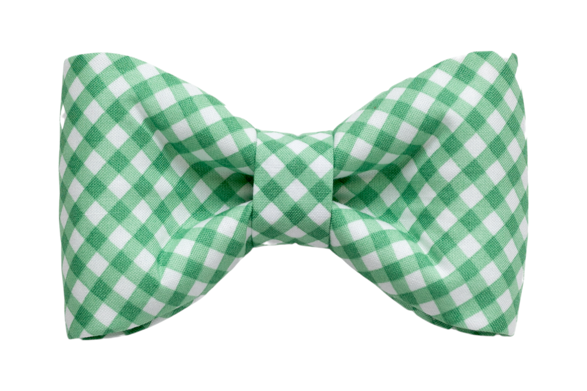 A handmade dog bow tie with a classic green gingham pattern, perfect for a timeless and charming look. Ideal for both casual and special occasions.