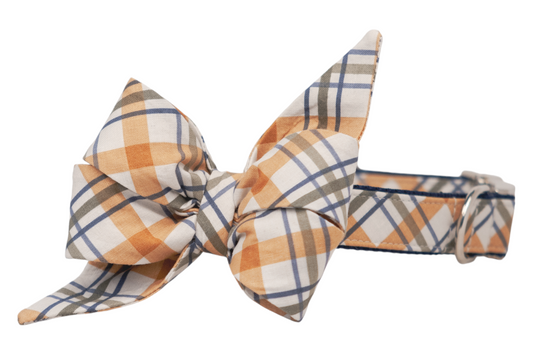 Close-up of a dog collar with a coordinating feminine belle bow, made from cotton fabric in a plaid design featuring cozy fall colors. The collar includes a metal buckle and d-ring. 