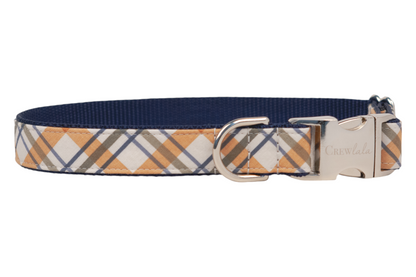 Dog collar with a classic fall plaid pattern in cozy colors. The collar features a shiny metal buckle engraved with "Crewlala" and a D-ring for attaching a leash. 
