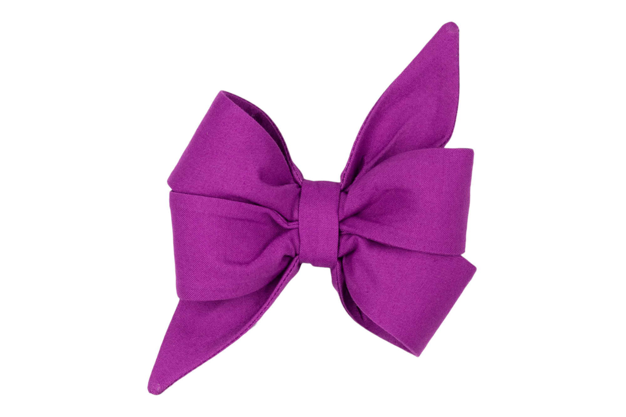 Statement dog belle bow accessory in a deep purple fabric, with a dramatic silhouette made up of four curved loops and two extended, wing-like tails. The bow is neatly tied and well-structured, indicating a high-quality, durable design suited for everyday, formal or festive occasions.