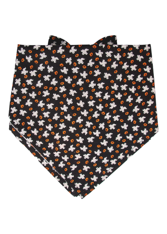 Black Halloween dog bandana decorated with ghost figures and tiny pumpkins. Its lightweight, easy-tie design makes it perfect for holiday parties, costumes, and capturing adorable seasonal photos.