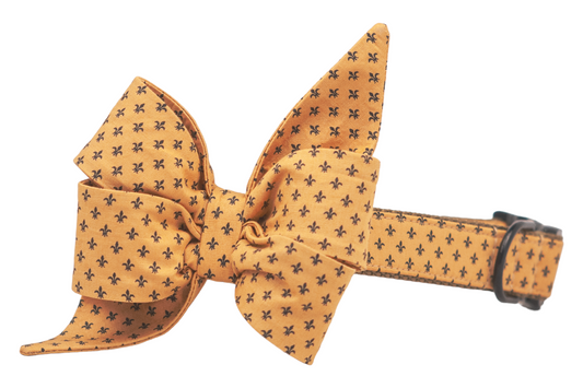 Elegant dog collar with a bold golden yellow belle bow, designed with exaggerated, pointed loops and wide tails. Both the collar and bow are patterned with small fleur-de-lis symbols. 