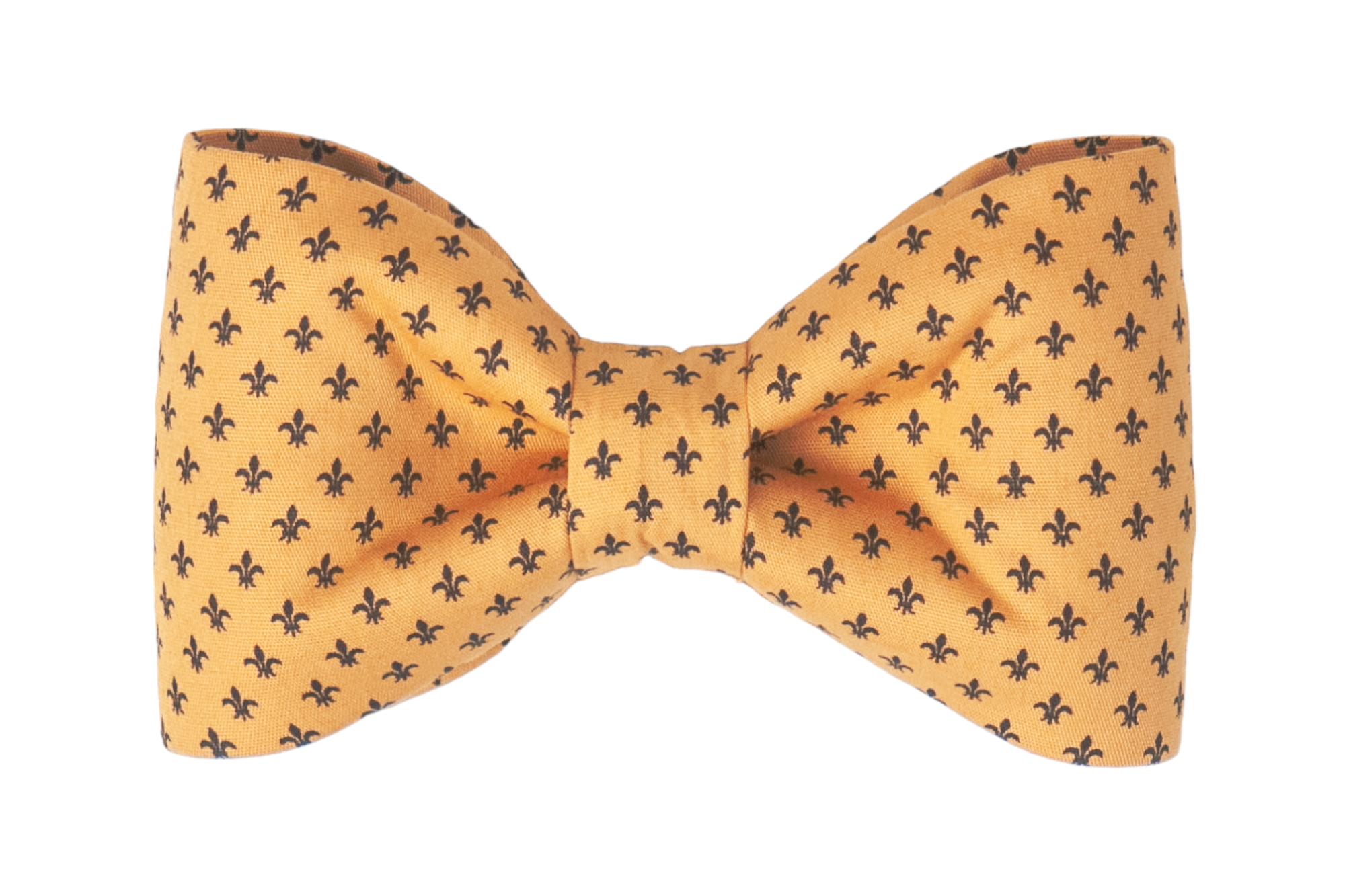 Handcrafted bow tie for dogs, featuring a warm mustard fabric with intricate fleur-de-lis details, ideal for special occasions or everyday wear.