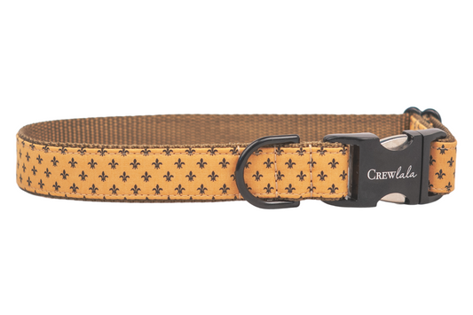 Stylish dog collar made from golden-yellow material with a repeating fleur-de-lis print, reinforced with nylon webbing, and fitted with metal hardware.

