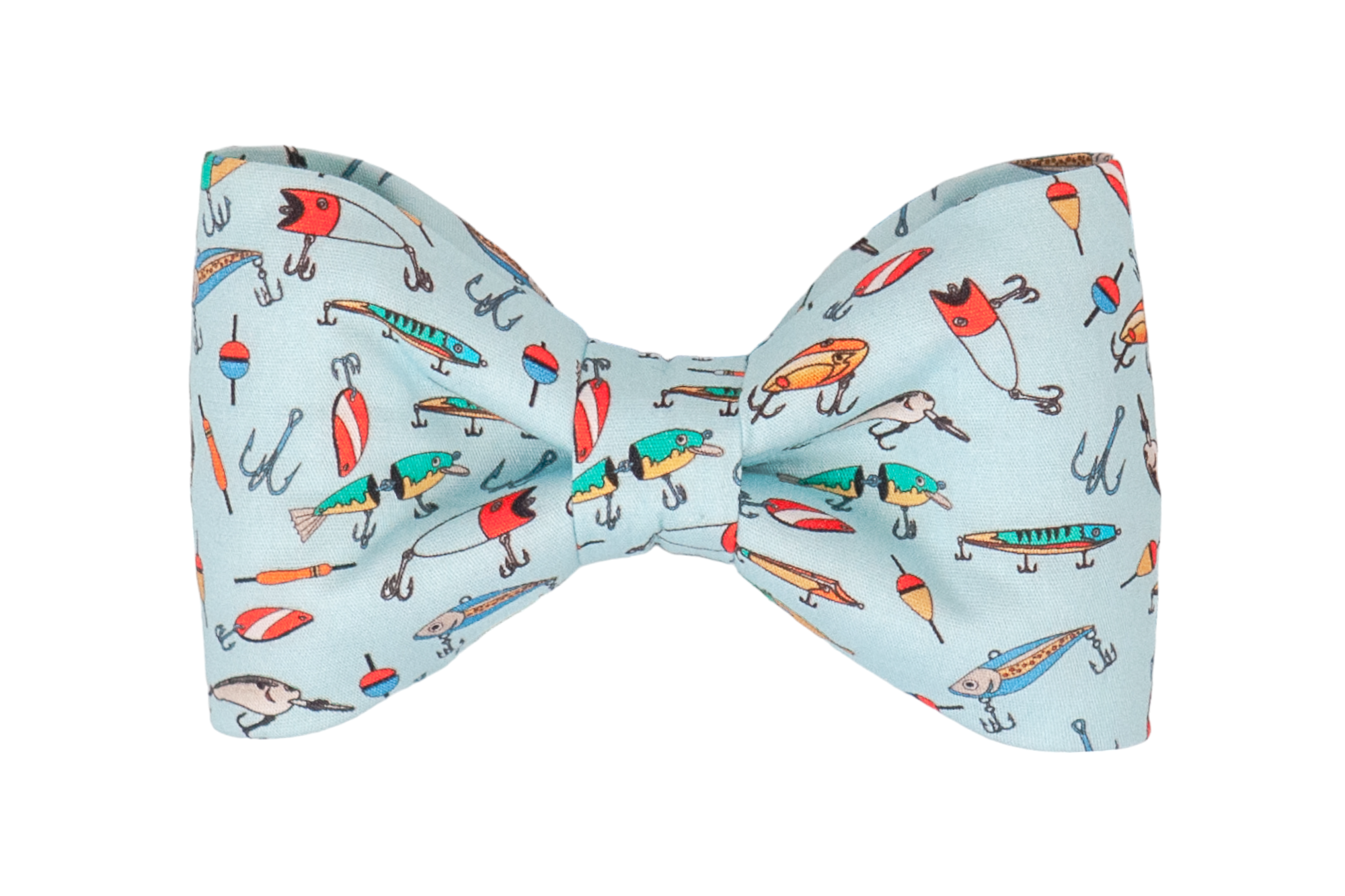 Playful fishing-themed dog bow tie in light blue, decorated with colorful lures and bobbers.
