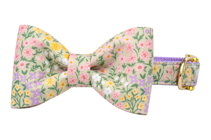Classic dog collar featuring a Green Meadow fabric bow tie, a soft tan blush print with yellow, white and lavender wildflowers and sage green leaves, attached to a matching Green Meadow collar with a nylon inner lining and gleaming gold hardware, including a D-ring and buckle.
