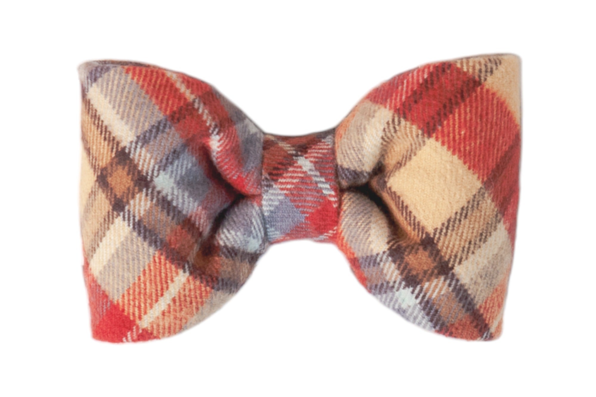 Cozy plaid bow tie in warm fall tones, designed with two evenly puffed loops and a neatly cinched center knot.