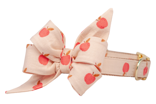 A light beige dog collar with a matching attached feminine belle bow, decorated with red apples and  leaves, finished with metal hardware. Handmade in Charleston, SC.