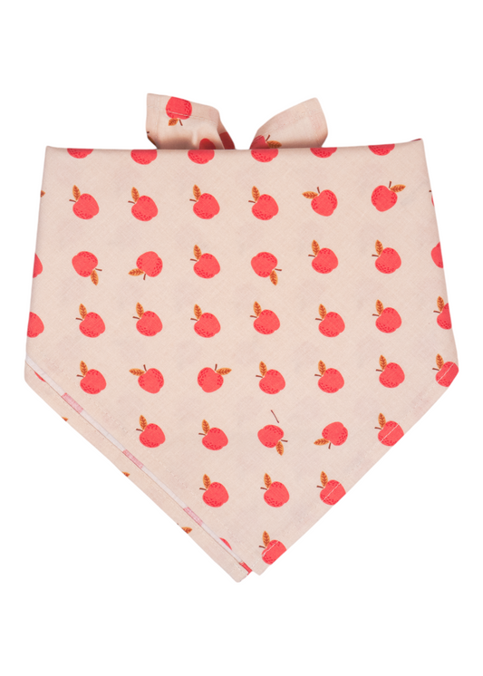 A cream-colored dog bandana with an all-over print of small red apples with leaves, folded into a triangle shape and tied at the top. Handmade in Charleston, SC.