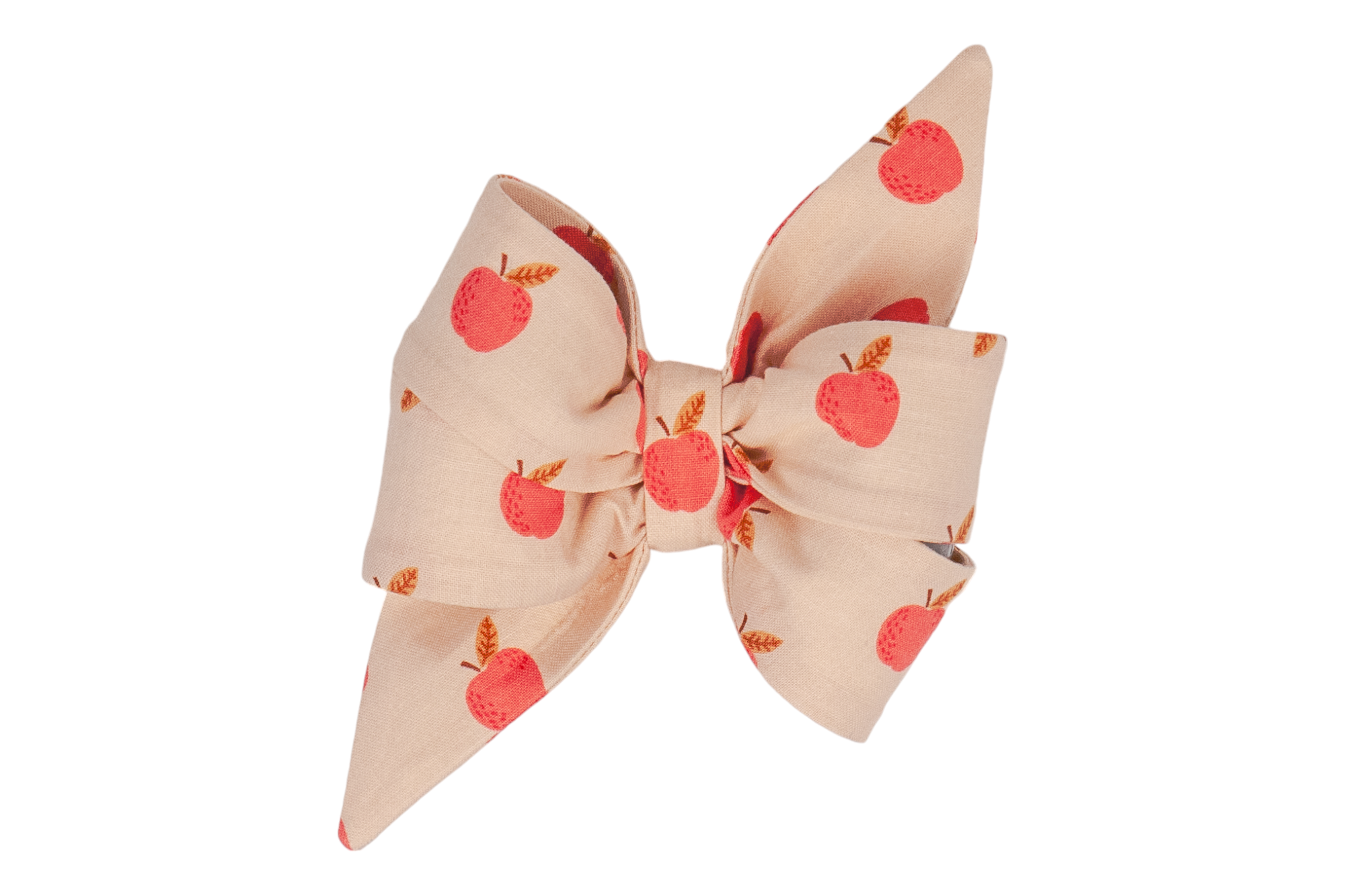 A handmade girl dog belle bow with a soft beige backdrop, beautifully decorated with charming red apples and delicate leaf details. Get your pup ready for Fall apple picking!