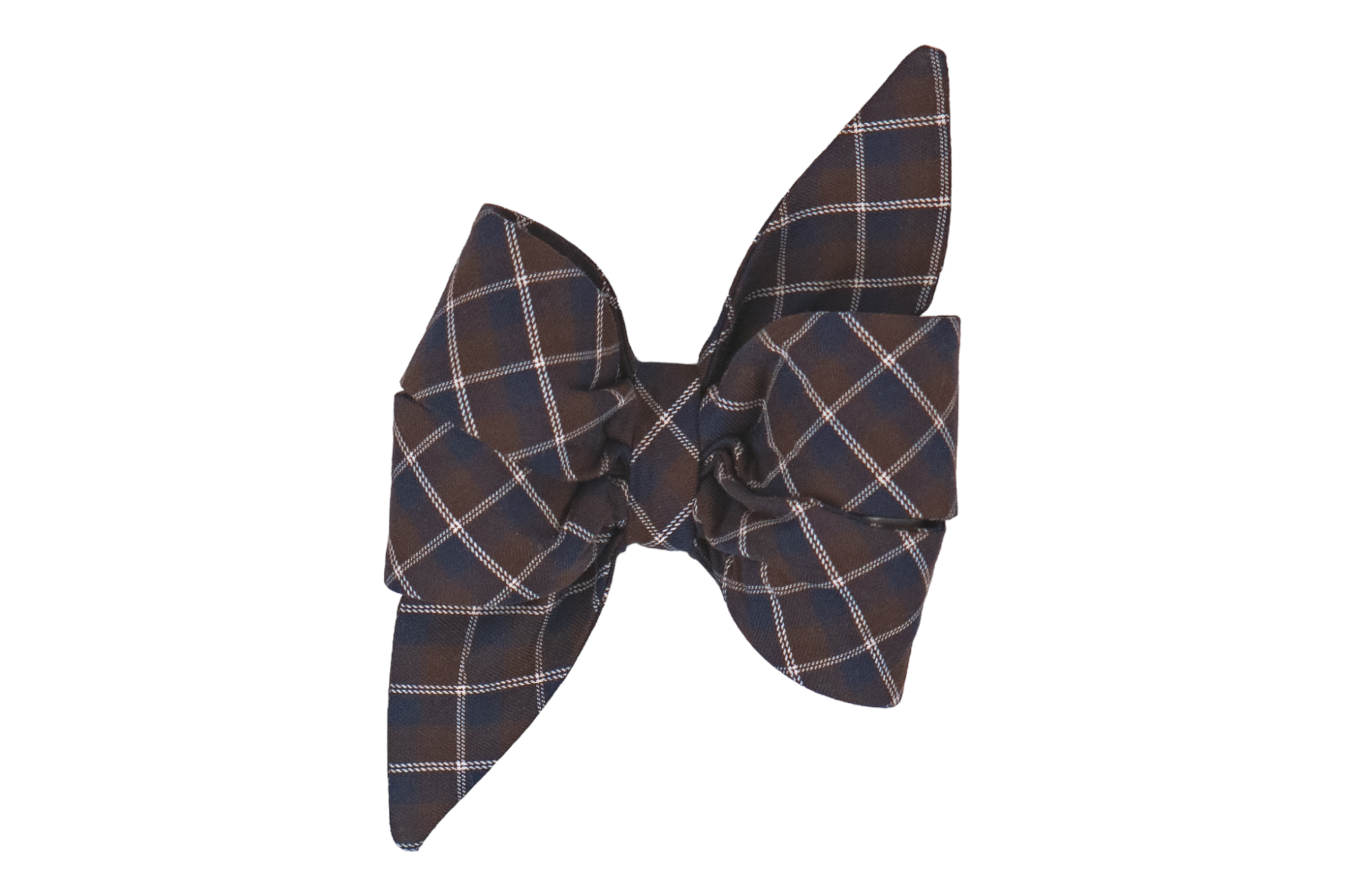 Classic brown and navy plaid girl dog belle bow, handcrafted for timeless Fall look.