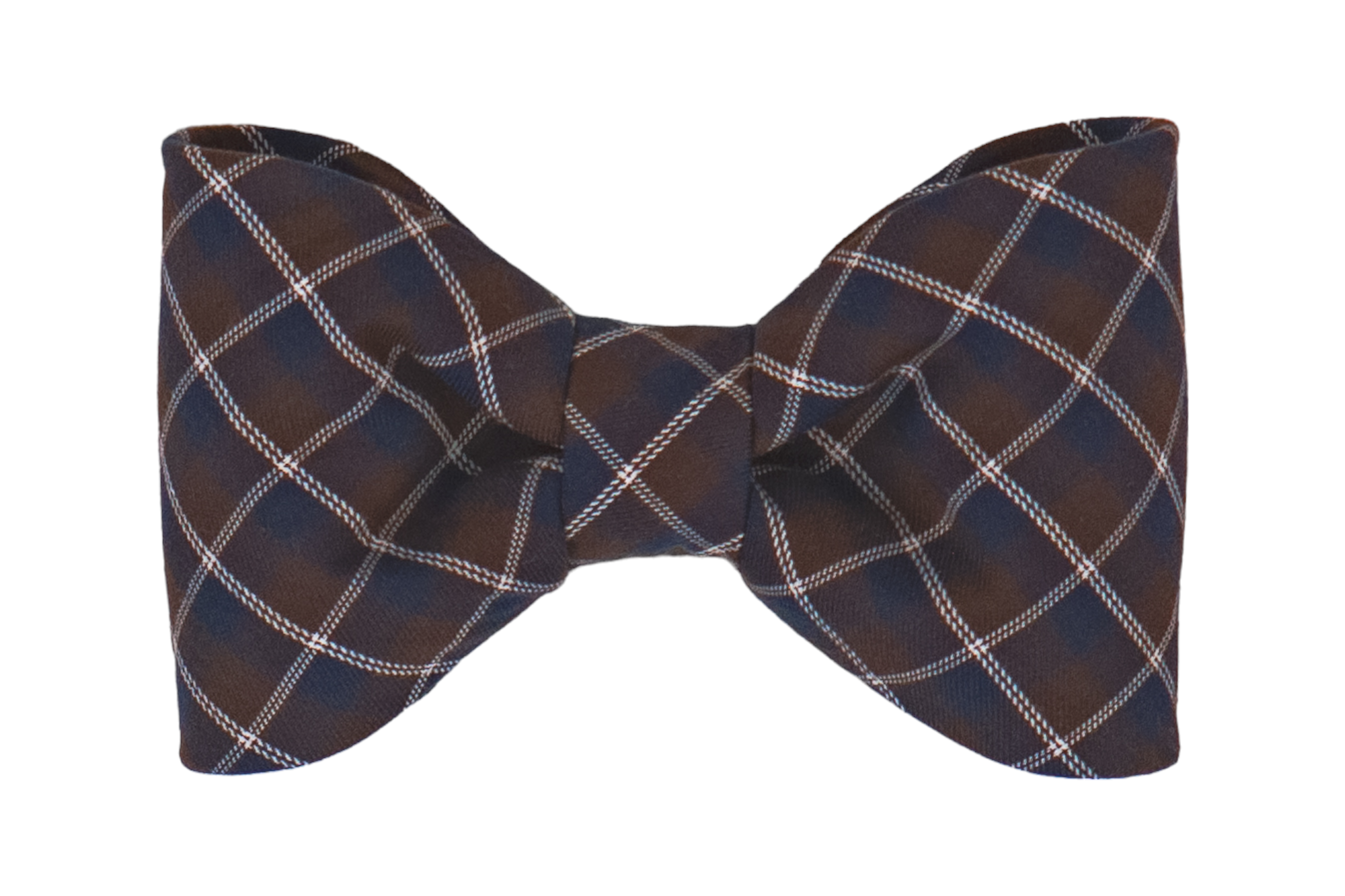 Classic brown and navy plaid dog bow tie, handcrafted for timeless Fall look.