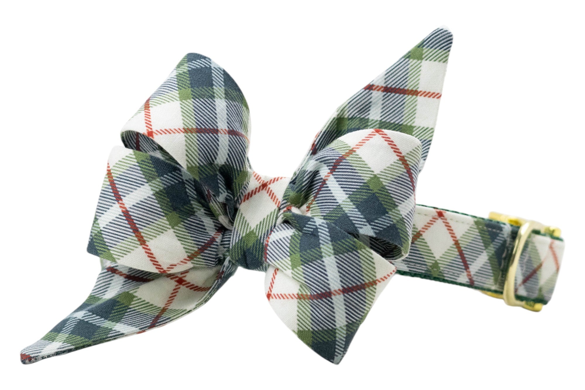 Dog collar with an attached oversized matching belle bow in a light fabric featuring a tartan plaid pattern, accented by thin diagonal stripes. The belle bow has two long, pointed tails for a stylish, festive look. The collar includes a polished D-ring and adjustable buckle for secure fit.