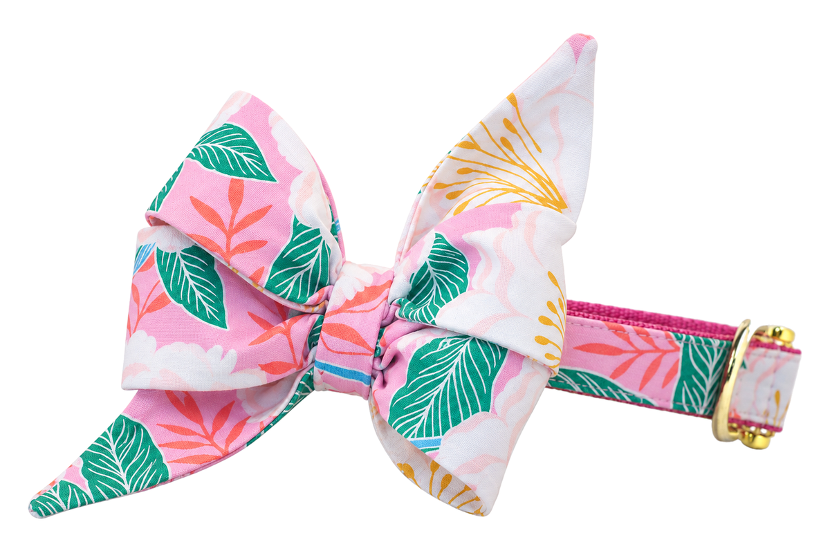 Dog collar featuring a large belle bow in Island Vibes fabric, a pink print with green, teal and coral tropical leaves on its outer loops and a white print with coral and yellow palm fronds on its inner loops and tails paired with the pink print with green and teal tropical leaves, attached to a matching Island Vibes collar with a nylon inner lining and gleaming gold hardware, including a D-ring and buckle.
