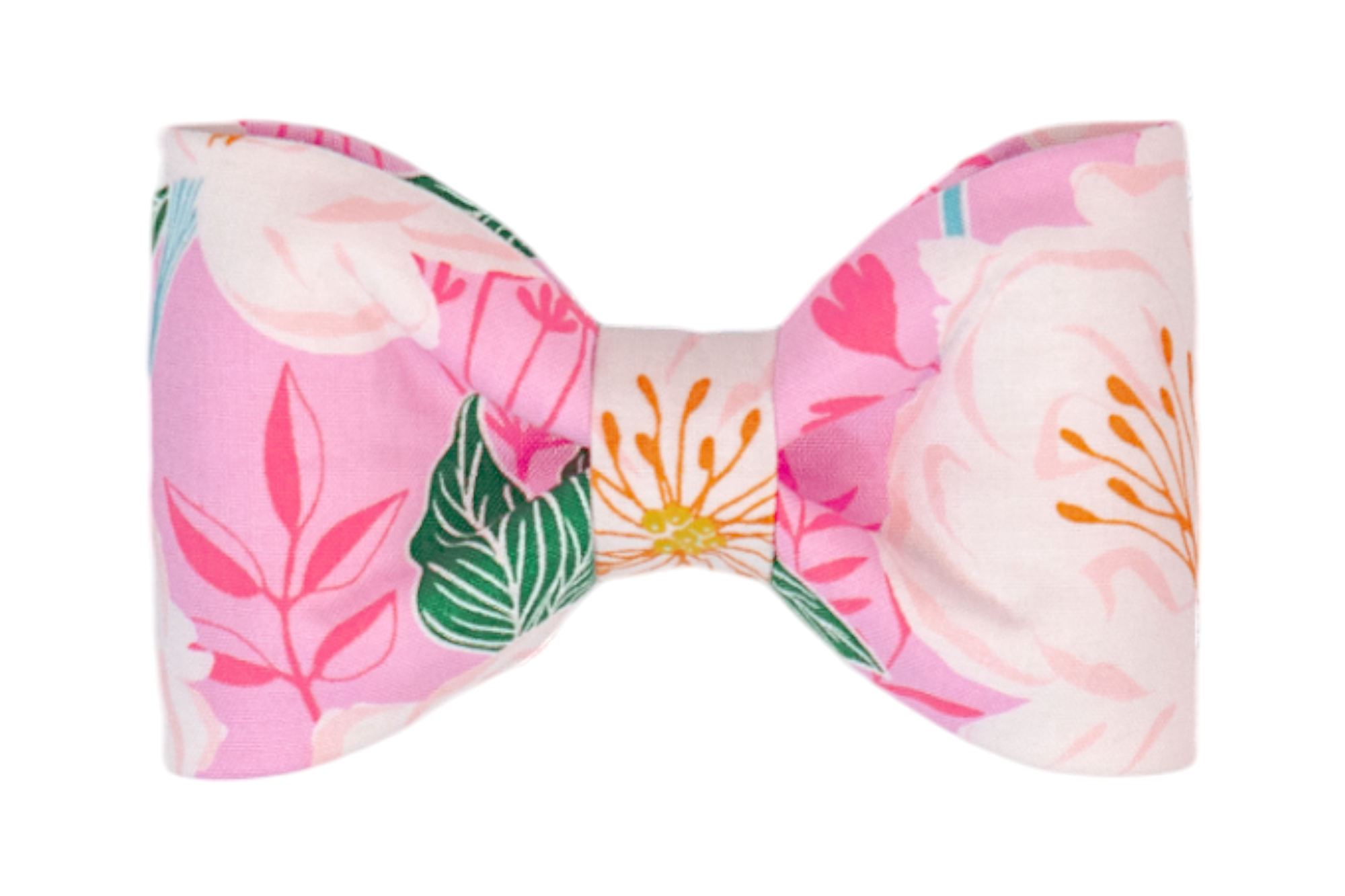  Decorative dog bow tie in soft cotton fabric with an all-over tropical floral print of white flowers, orange filaments, leafy green accents, and touches of coral pink on a pastel pink base.