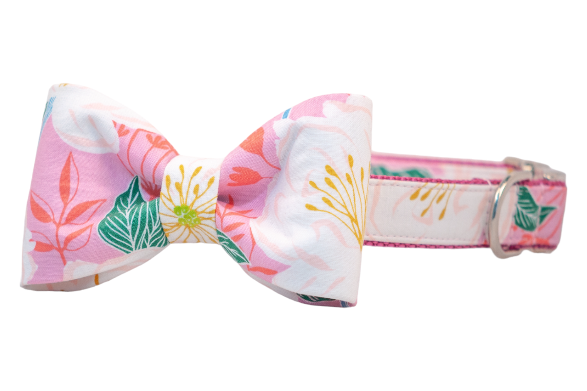 Bright floral dog collar with matching bow tie, crafted in a lively print of tropical leaves and large white flowers with yellow centers on a pink base. 