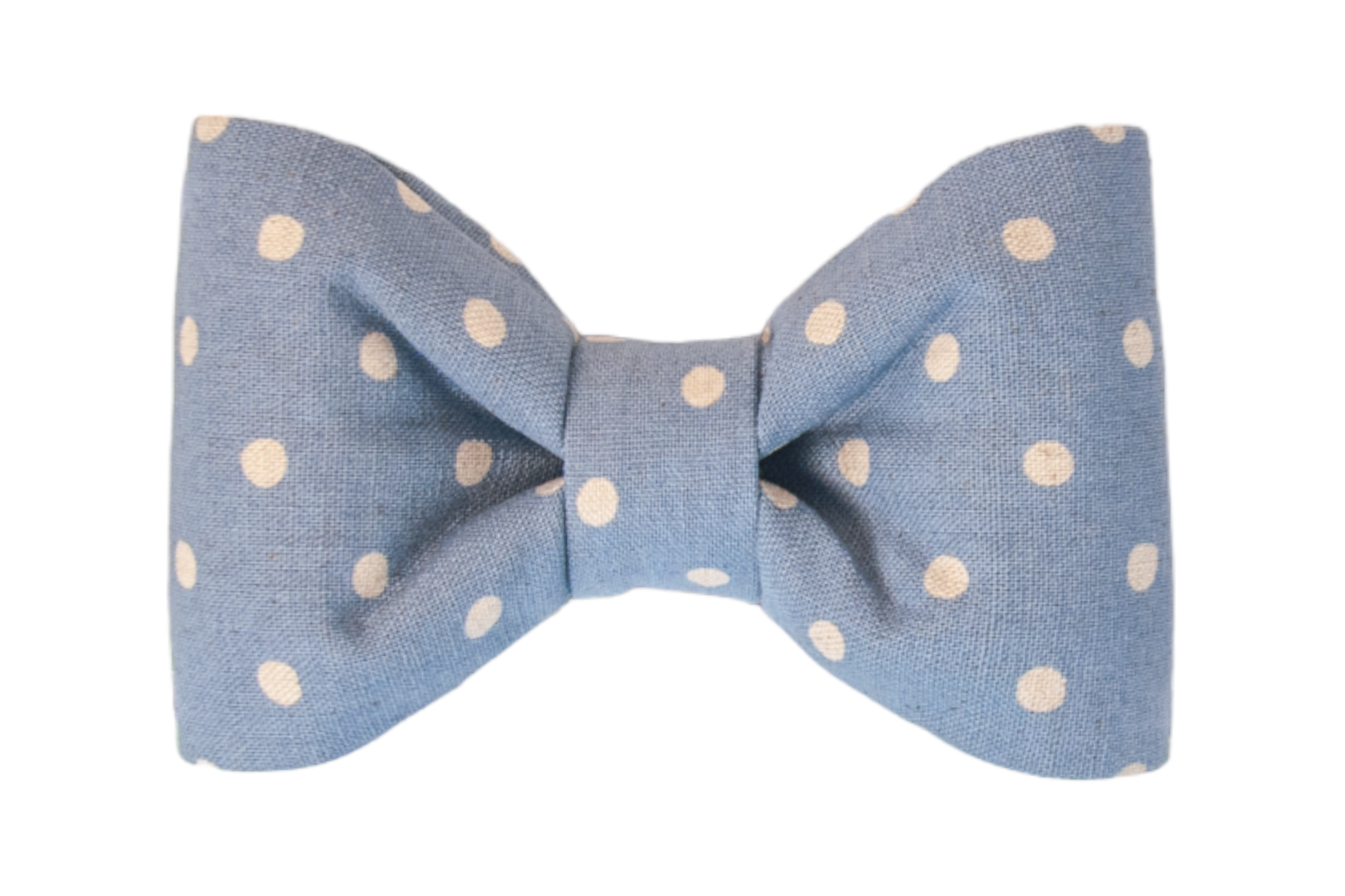 A neatly structured bow tie made from light blue fabric with a classic ivory white polka dot pattern, featuring softly curved edges and a cinched center.