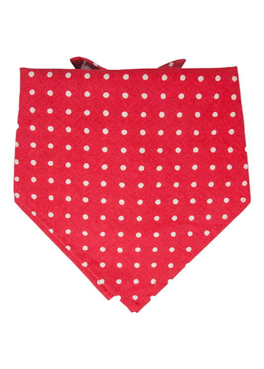 Charming pet bandana in red, sprinkled with ivory white dots and styled in a classic triangle fold with visible tie ends peeking from the top.