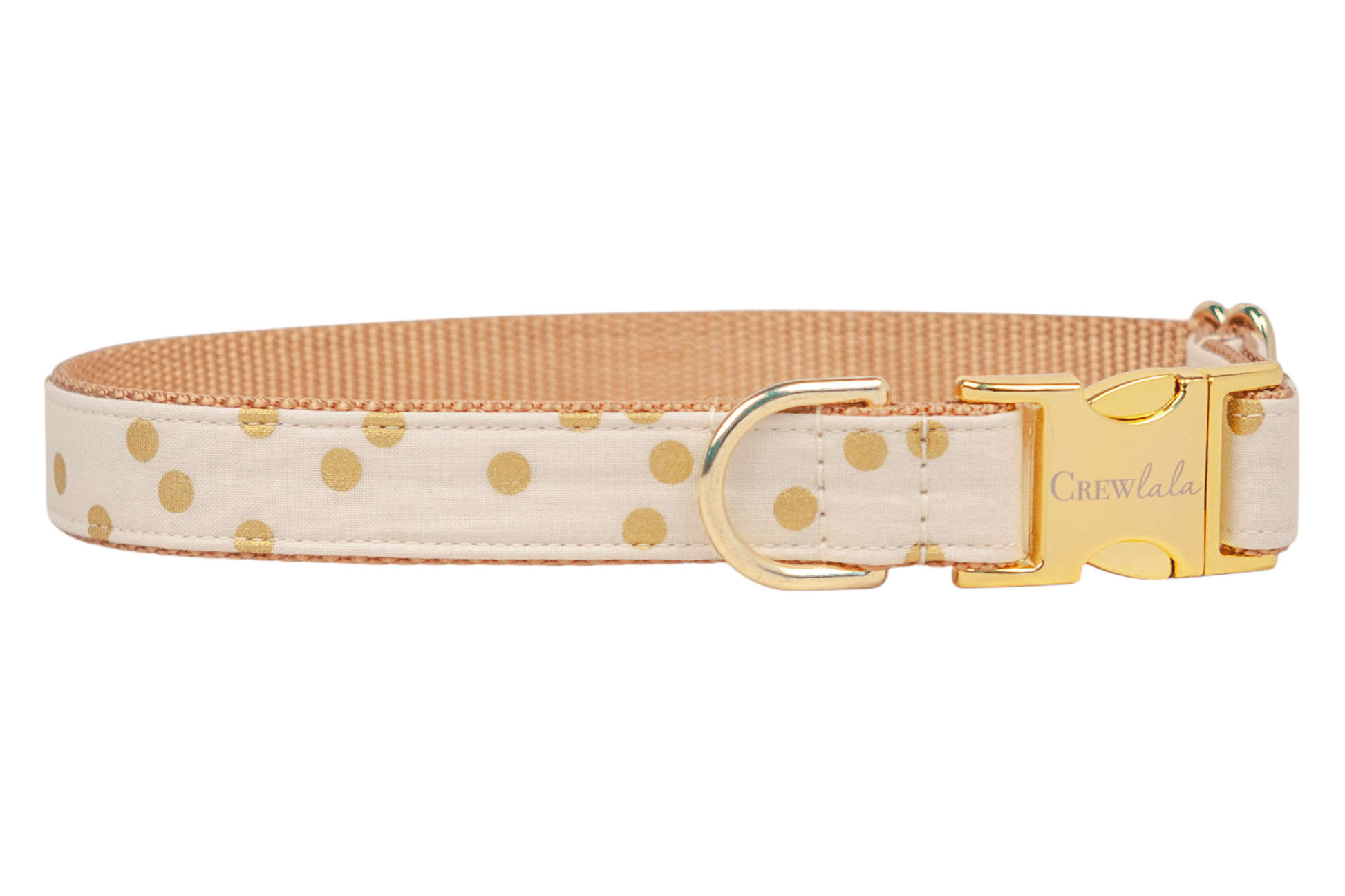 Stylish fabric dog collar with an ivory background and metallic polka dots, layered over a nylon webbing. Features include a metal D-ring and a branded buckle clasp with “Crewlala” etched on the front.