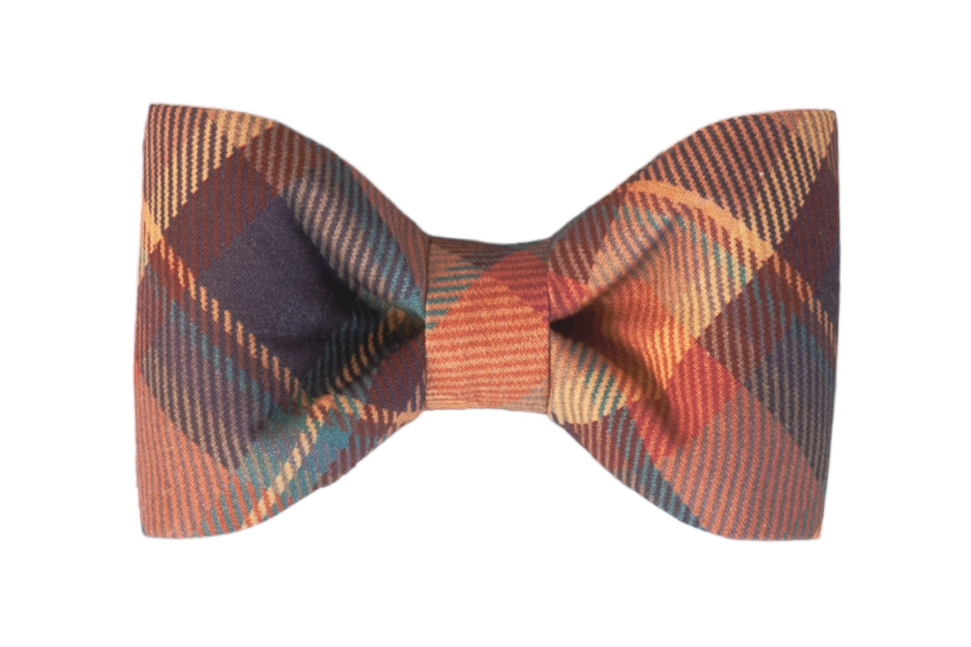 Plaid fabric bow tie in a classic shape, showcasing rich, seasonal fall colors. The bow tie is neatly cinched at the center and appears structured yet soft, with the fabric's woven texture enhancing the layered pattern. The perfect edition to your pups' collar and fall wardrobe! 